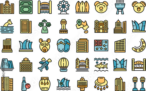 Sydney icons set outline vector. Building city. Architecture house color flat on white