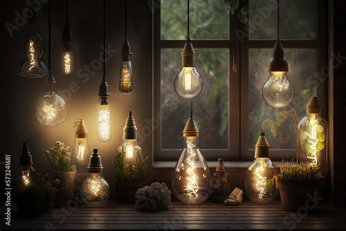 Set of various light bulbs in stylish space