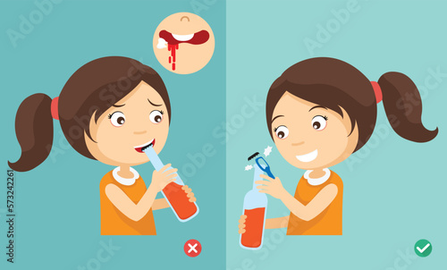 wrong and right ways for open the bottle with his teeth illustration , vector