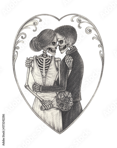 Art couple in love wedding skull. Hand drawing on paper.