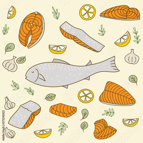 Hand drawn salmon and fillet with sliced lemon and garlic in doodle art style on white background