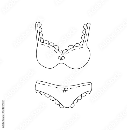 Vector isolated one single woman underwear  set lace edges bra and panties colorless black and white contour line easy drawing