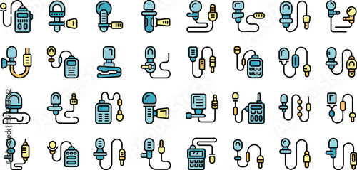Lapel microphone icons set outline vector. Audio cable. Cable collar color flat on white