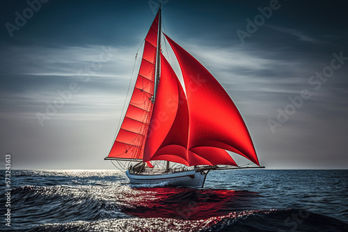 Stampa su tela Brig with scarlet sails among sea waves, realistic illustration