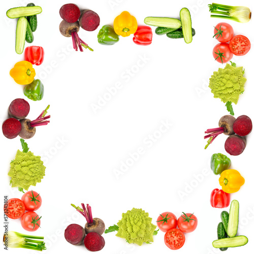 Set of vegetables isolated on white. Collage. Original frame with free space for text.