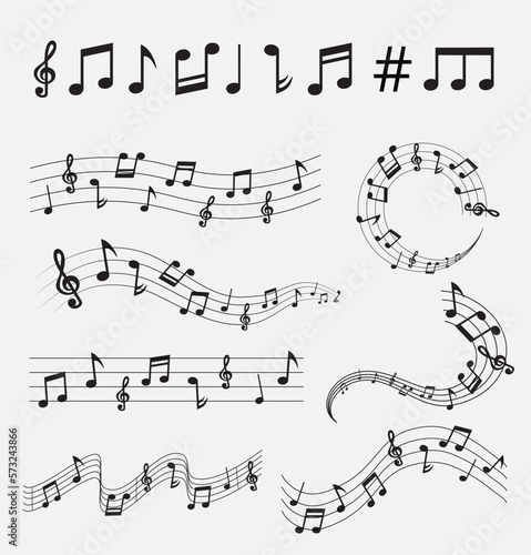 Music notes on lines collection. Musical chords with curves and swirls. vector illustration