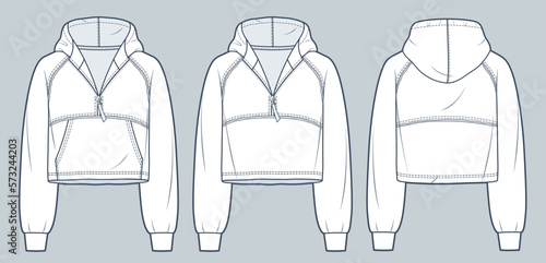 Raglan sleeve Hoodie technical fashion illustration. Hooded Sweatshirt fashion flat technical drawing template, cropped, zip-up, raw, oversize, front, back view, white, women, men, unisex CAD mockup.