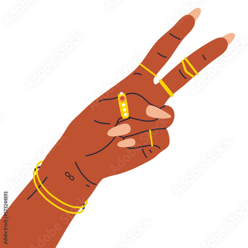 Cartoon female hand. Woman hand with peace gesture, nail design and golden jewelry, manicure salon nail care routine flat vector illustration