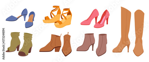 Cartoon female footwear. Modern heeled shoes, ankle boots and platform shoes. Fashion shoes, casual footwear flat vector illustrations set