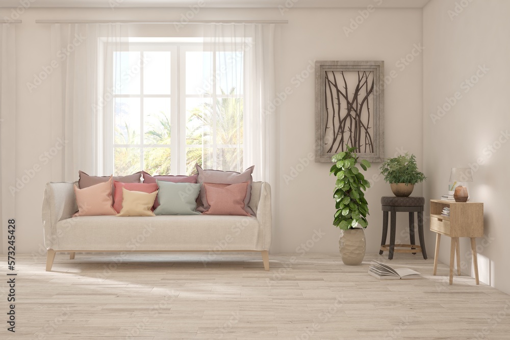 Fototapeta premium White living room with sofa and summer landscape in window. Scandinavian interior design. 3D illustration