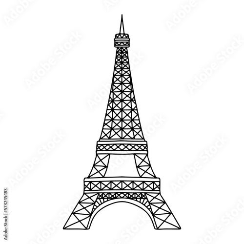 Eiffel Tower in hand drawn doodle style. Vector illustration isolated on white background.