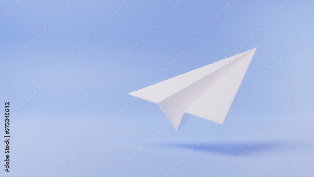 Paper plane icon, white paper folded into shape on light blue backdrop, isolated with shadow. 3d rendering Paper plane icon, white paper folded into shape on light blue backdrop, isolated with shadow. 3d rendering