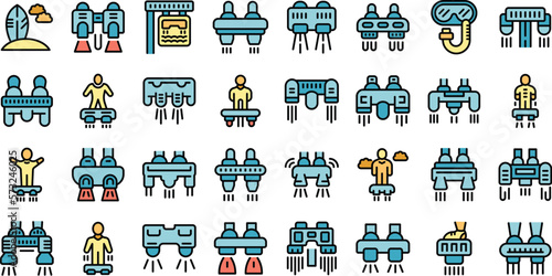 Flyboard icons set outline vector. Adventure board. Air action color flat on white