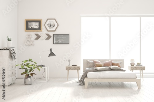 White lbedroom concept. Scandinavian interior design. 3D illustration photo