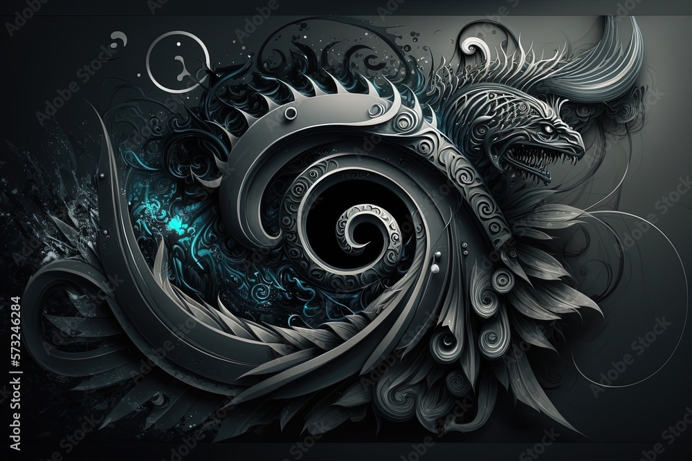Photo of a majestic dragon in black and white with a splash of cerulean Photo of a majestic dragon in black and white with a splash of cerulean