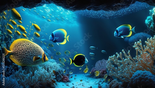 Fototapeta Naklejka Na Ścianę i Meble -  Digital illustration of a backdrop landscape with colorful tropical fish and coral, undersea coral reef life, sunlight, crystal-clear ocean water.  Generative Ai.