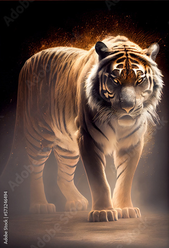 Epic wild tiger in the gold glow looking at the camera. AI generated photo