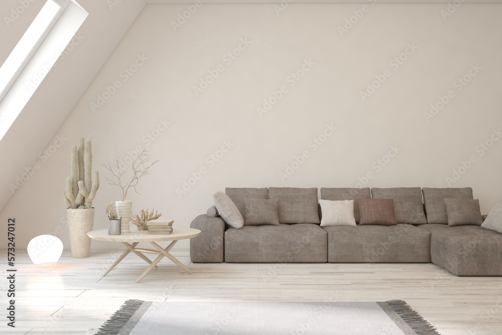 White scandinavian interior design with sofa. 3D illustration White scandinavian interior design with sofa. 3D illustration
