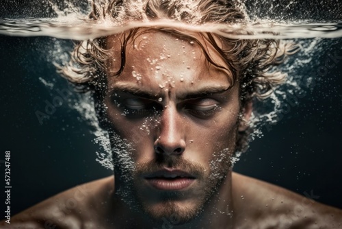 Attractive man underwater with bubbles , generative Ai