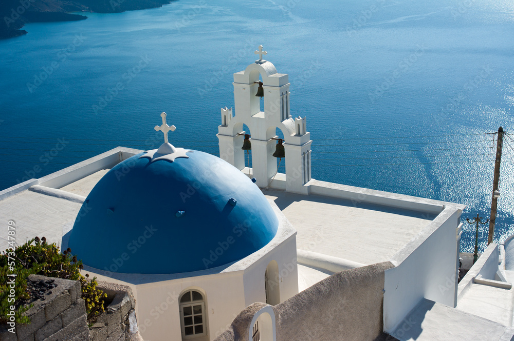 The most famous blue dome church of Santorini greece