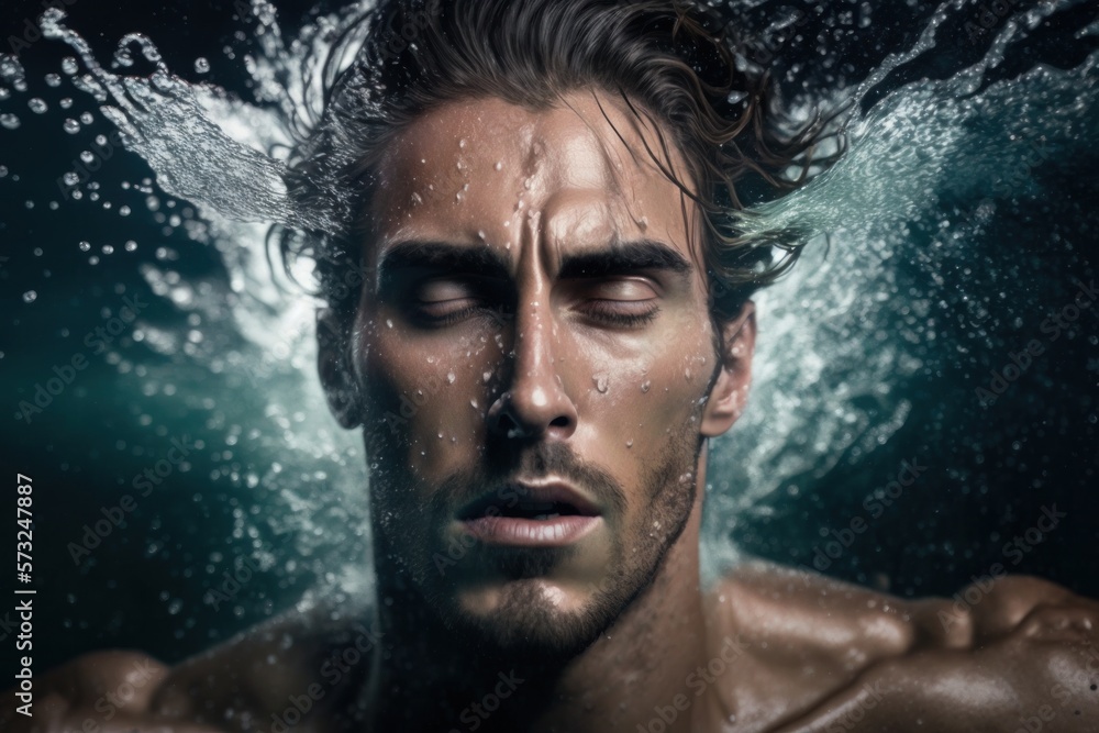 Man with water splashing from face, generative Ai Man with water splashing from face, generative Ai