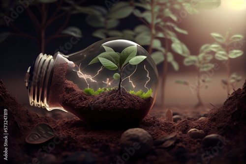 realistic 3D environment and Earthday concept. the lightbulb has a tree inside it. Lightbulb with a tree growing on it. The ecological notion of saving the earth with green energy. Generative AI