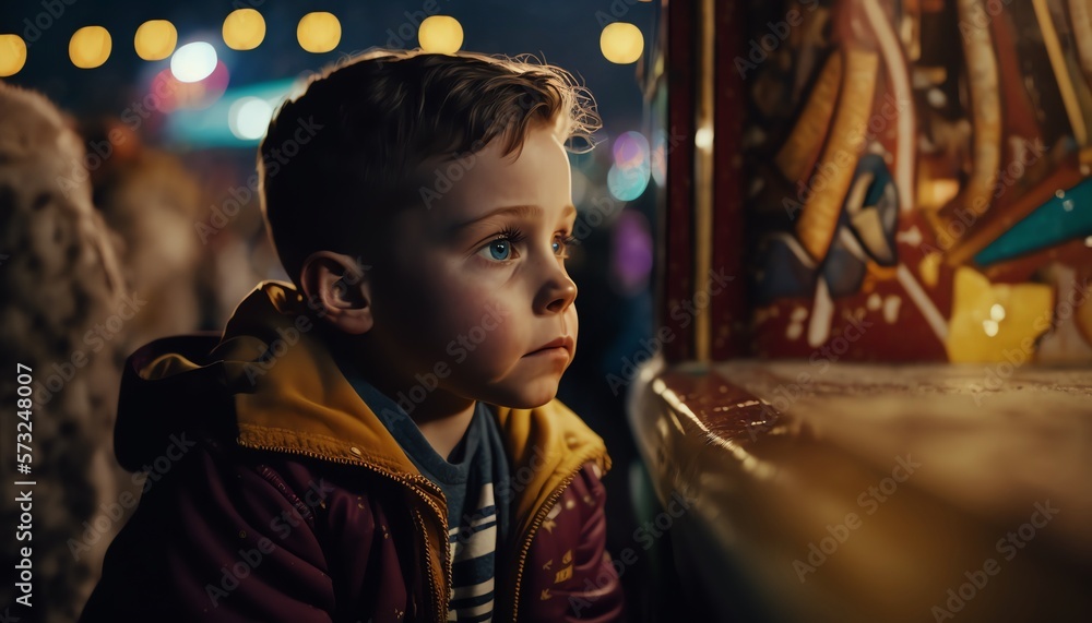 Obraz premium A child staring in wonder at the carnival, night scene, Generative AI