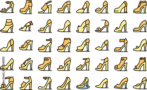 High heels woman shoes icons set outline vector. Heel girl. Shoe pair color flat on white