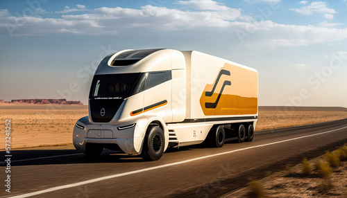 Ffuturistic truck, electric vehicle transportation at high speed on highway. Generative Ai photo