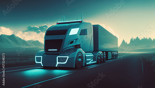 Ffuturistic truck, electric vehicle transportation at high speed on highway. Generative Ai photo