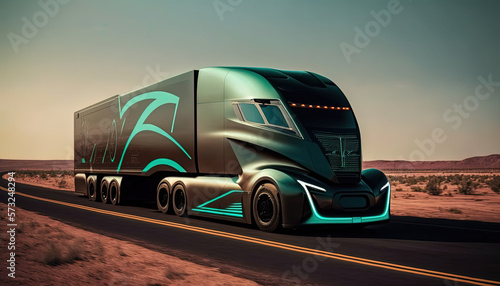 Ffuturistic truck, electric vehicle transportation at high speed on highway. Generative Ai photo