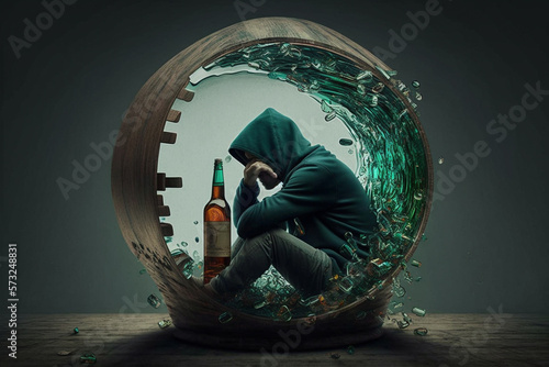 Illustration depicting the devastating effects of alcohol addiction on individuals and society. Mental health concept. Ai Generated.