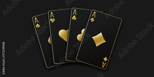 Hand fan of playing cards consisting of four black and golden Ace of Spades, Diamonds, Clubs, Hearts. Vector illustration poker and casino of all the aces on a black table background.
