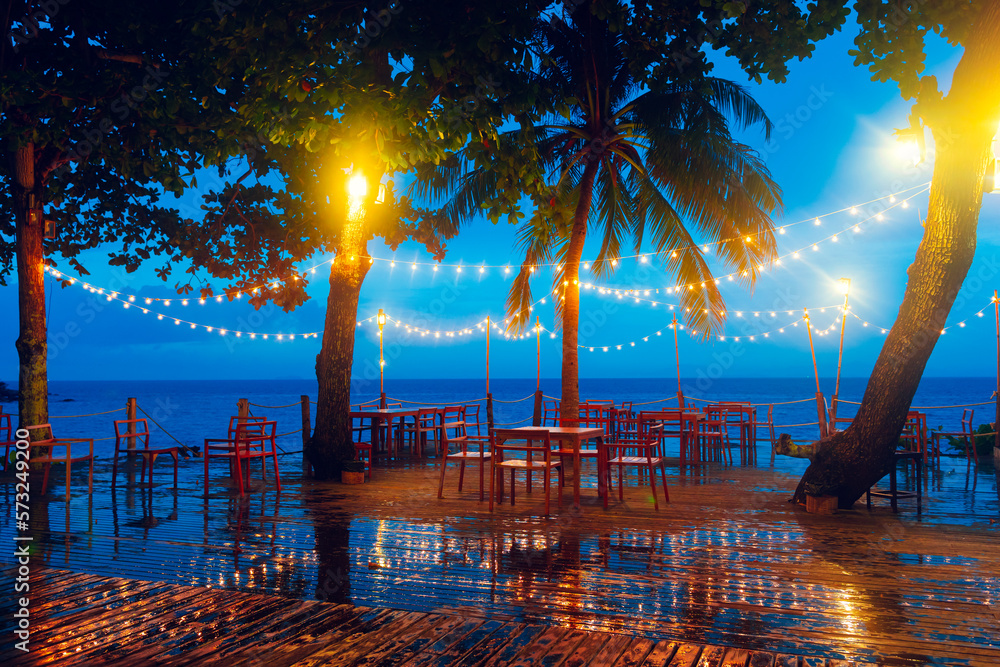 beach bar decorated with light bulbs Waiting for a party from tourists