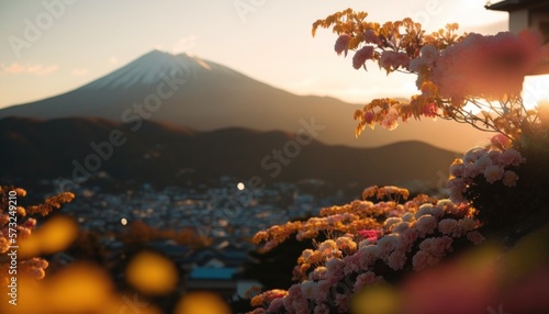 view of Mount Fuji with cherry blossom, and flowers at the lake in japan. Mount Fuji with cherry blossom, flowers at the lake in japan fuji mountain at viewpoint. Generative AI