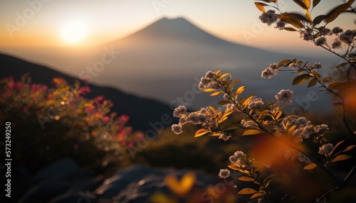 view of Mount Fuji with cherry blossom, and flowers at the lake in japan. Mount Fuji with cherry blossom, flowers at the lake in japan fuji mountain at viewpoint. Generative AI © Kowit