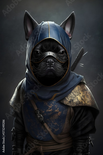 French bulldog with a serious face in a ninja costume. Generative AI.