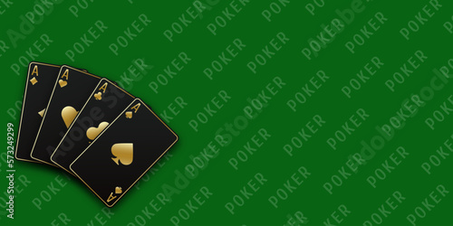 Hand fan of playing cards consisting of four black and golden Ace of Spades, Diamonds, Clubs, Hearts. Vector illustration poker and casino of all the aces on a green table background on left.