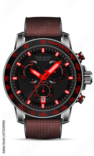 Realistic black steel watch chronograph red number face fabric strap on white background design modern luxury for men fashion