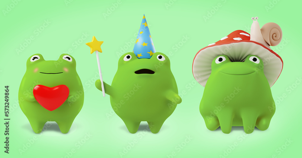 Set of green Cute Frogs hold various objects in their hands. 3d rendering Set of green Cute Frogs hold various objects in their hands. 3d rendering