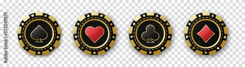 Set of red and black poker chips. Gambling tokens with suits for poker and casino. Diamonds, clubs, hearts, spades chips. Vector illustration on a transparent background.