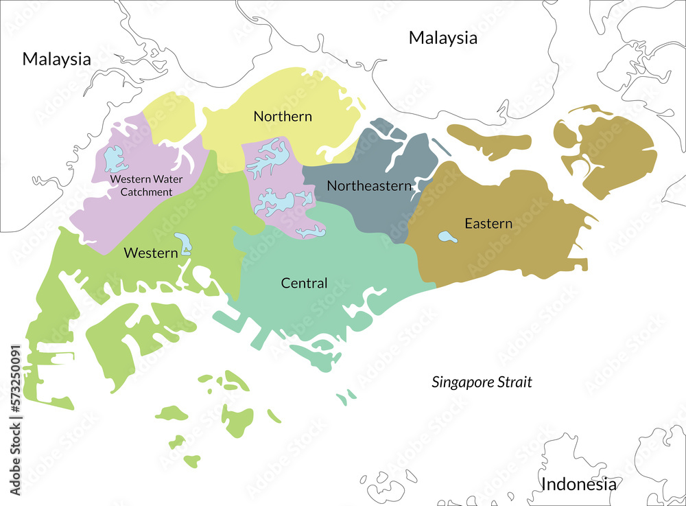 Singapore map with six regions in details. 
