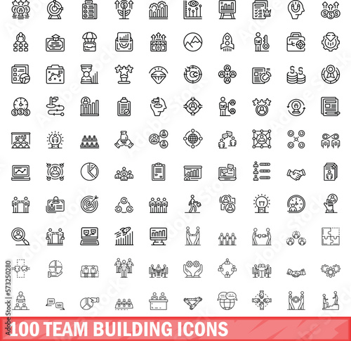 100 team building icons set. Outline illustration of 100 team building icons vector set isolated on white background