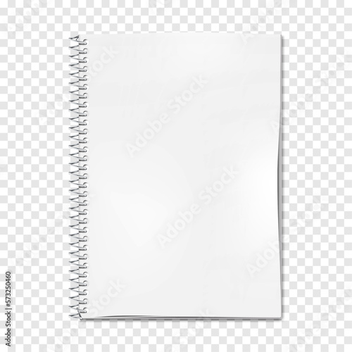 Wire bound notebook white blank page on transparent background vector mockup. Metal spiral notepad realistic mock-up
