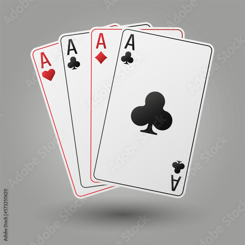 A fan of playing cards consisting of four black and red Ace of Spades, Diamonds, Clubs, Hearts. Vector illustration poker and casino of all the aces on a gray background.