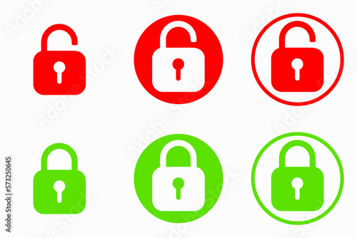 Set of padlock icon, lock and unlock icons. Safety protect symbols. Close and open lock padlock symbols. Red and green sign of locked and unlocked padlock. Vector illustration on white background.