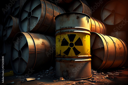 yellow barrels with toxic radioactive waste, illustration Generative AI