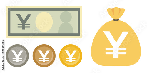 Illustration of a jute bag full of money and a set of yen bill and coins