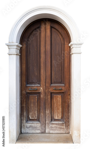 tall vintage brown wooden door with classic marble stone pattern archway isolated on white © macondos
