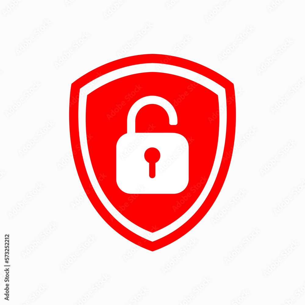 Icon or symbol of a shield with a opened red padlock. Sign unlock on a white background. Safety protect concept. Vector illustration. Icon or symbol of a shield with a opened red padlock. Sign unlock on a white background. Safety protect concept. Vector illustration.